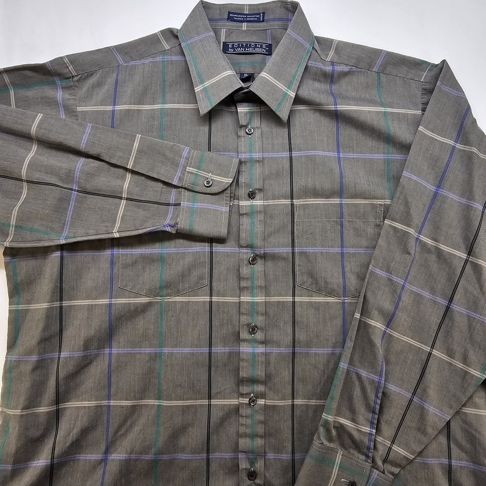 Van Heusen Editions Mens XL Long Sleeve Button Down Shirt Gray Plaid Check 65/35